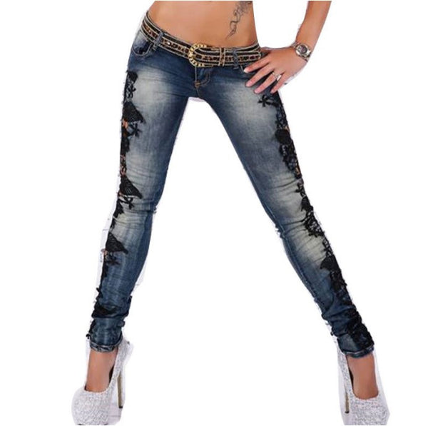 Floral Splice Wigh Denim Sexy Gradient Skinny Women Jeans