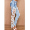 Lace Floral Side Spliced Stretch Denim Trousers