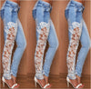 Lace Floral Side Spliced Stretch Denim Trousers