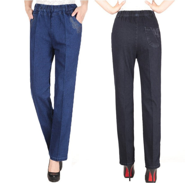 Middle-aged Women Mid Elastic Waist Jeans